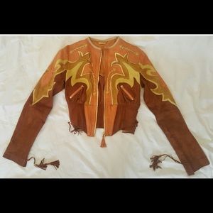 🌸🦄 AUTHENTIC ROBERTO CAVALLI Brown/Gold Leather Crop Spring Jacket Coat XS/0